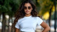 Young Hispanic woman with long wavy brown hair wearing white t-shirt and sunglasses outdoors, smiling confidently at camera against blurred urban park background.