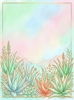 Watercolor succulent and aloe botanical frame with pastel mint, pink gradient background and gold border, perfect for cards and invitations.