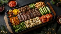 Grilled beef steak with colorful roasted vegetables and mushrooms on dark wooden board. Served with various sauces and pine branches for festive dinner.