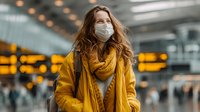 Young woman in yellow coat and face mask walking through airport terminal during pandemic travel restrictions.