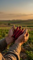 Farmer hands holding fresh red chili peppers at sunset over agricultural field. Organic farming and harvest concept for healthy cooking and spice production.