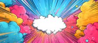 Vibrant comic style explosion background with colorful clouds and radial speed lines bursting from central white speech bubble, pink, blue and orange dynamic design.
