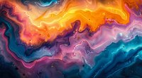 Abstract fluid art with vibrant swirls of orange, purple, teal, and black creating a cosmic nebula effect. Suitable for modern interior design or digital backgrounds.