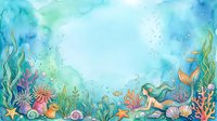 Underwater mermaid fantasy scene with colorful coral reef, sea plants, and magical bubbles in soft watercolor style for children's book illustrations and nursery decor.