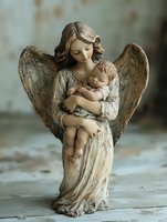 Winged angel statue holding sleeping infant child, carved stone figurine with weathered patina finish for home decor and spiritual displays.