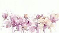 Watercolor peonies in soft pink and purple tones with artistic paint splatters on white background for wedding invitations and feminine designs.
