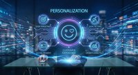 Digital personalization concept with glowing smiley face icon surrounded by customer experience elements in futuristic tech environment for business solutions.