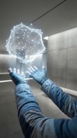 Businessman hands presenting glowing digital network sphere with connected nodes in modern office environment for technology and innovation concepts.