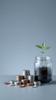 Green plant seedling growing in glass jar with coins scattered around representing financial growth and investment concept for savings and money management.