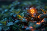 Glowing light bulb nestled among green leaves in garden at dusk, creating magical atmosphere with warm orange illumination against natural foliage background.