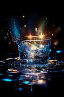 Dynamic splash of water in glass with dramatic lighting and bokeh effects against dark background, creating mesmerizing reflections and liquid motion art.