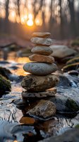 Balanced stone cairn in stream at sunset with golden bokeh background, perfect for wellness, meditation, and spa marketing materials. Natural zen composition reflects peace and harmony.