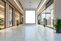 Modern shopping mall corridor with blank white billboard mockup, luxury retail stores, marble floors and decorative plants in contemporary interior design.