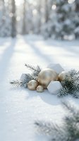 Festive holiday ornaments and evergreen branches arranged on snow with blurred winter forest background, suitable for seasonal greeting cards and holiday marketing materials.