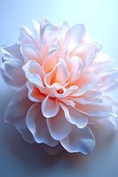Delicate peach and white dahlia flower in soft focus macro photography showing layered petals against blurred blue background, creating dreamy romantic atmosphere.