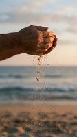 Hand pouring sand at beach during golden hour sunset, symbolizing time passage and relaxation for travel and wellness concepts.
