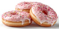 Three glazed donuts with pink icing and colorful sprinkles isolated on white background for bakery menu design and food advertising materials.