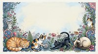 Ornate floral border frame with sleeping cats in decorative garden setting, vintage botanical illustration style for greeting cards and stationery designs.