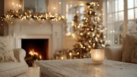 Cozy living room with Christmas tree, fireplace, and glowing candle creating warm holiday atmosphere for winter celebrations.