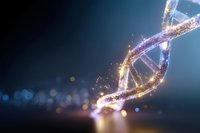 Glowing DNA strand with sparkles and bokeh effects on dark blue background, genetic research concept for medical and scientific presentations.
