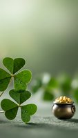Fresh green shamrock clovers with water droplets beside small pot of gold coins on wooden surface for St Patricks Day celebration and luck concept.