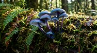 Purple mushrooms growing on mossy forest floor surrounded by ferns and fallen leaves in natural woodland habitat during autumn season.