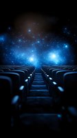 Empty cinema auditorium with rows of seats facing bright blue cosmic nebula and stars in dark space, creating mysterious atmospheric scene for entertainment concepts.