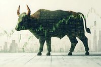 Double exposure of bull silhouette filled with rising stock market graph against urban cityscape background, representing financial growth and bullish market trends.