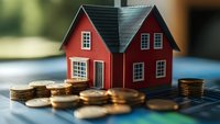 Red miniature house model with stacked gold coins on blue surface, representing real estate investment, property market, and home financing concepts.