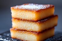 Stack of homemade butter cake squares dusted with powdered sugar on dark background, close up macro shot showing moist texture and caramelized edges.