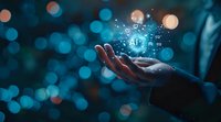 Hand holding glowing digital network sphere with connected dots against blurred blue bokeh background, representing digital transformation and future technology.