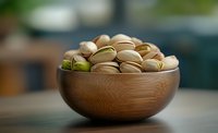 Fresh roasted pistachios in wooden bowl on dark table against blurred background, macro food photography with selective focus and natural lighting.
