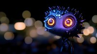 Glowing-eyed spiky creature with metallic purple texture against blurred bokeh background, fantasy character design for gaming and animation projects.