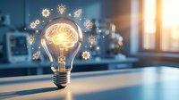 Glowing light bulb with brain inside surrounded by innovation icons representing creativity, ideas, and technological advancement in modern office setting.