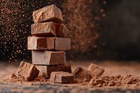 Stack of broken milk chocolate pieces with cocoa powder falling in dark moody atmosphere. Close up macro food photography on brown background.