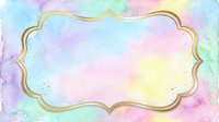 Pastel watercolor background with gold ornamental frame border, soft blended colors in pink, purple, blue, yellow and green, isolated on transparent background for design projects.