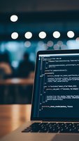Laptop displaying code on screen in modern office environment with bokeh lights background for programming and software development projects.