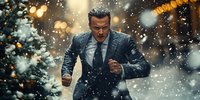 Businessman in dark suit running through heavy snowfall at night, dramatic lighting with bokeh effects creates atmospheric winter cityscape scene.