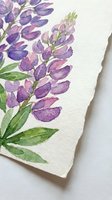 Watercolor lupine flowers painted on textured paper with purple petals and green leaves for botanical art projects and floral design elements.