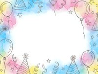 Watercolor party frame with balloons, hats and streamers in pastel colors on white background for birthday invitations and celebration designs.