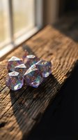 Colorful translucent polyhedral dice set on rustic wooden surface with warm natural lighting for tabletop gaming and role-playing adventures.