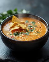 Creamy tomato soup garnished with tortilla chips, fresh cilantro and cream in black ceramic bowl on dark slate surface, close up view of homemade Mexican style soup.