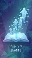 Digital learning concept with open book emitting glowing arrows and educational icons on geometric blue background for online education and knowledge growth.
