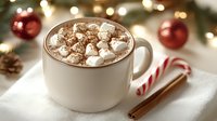 Hot chocolate topped with marshmallows and cocoa powder in white ceramic mug, festive Christmas setting with candy cane, cinnamon stick and red ornaments.