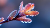 Frost-covered autumn leaves with sparkling water droplets on branch creating magical winter morning scene with soft bokeh background for seasonal designs.