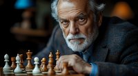 Senior man with gray beard and intense gaze contemplates next chess move while sitting at wooden table in dimly lit room wearing dark blazer. Strategic gameplay concept.