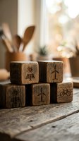 Wooden blocks with renewable energy icons including solar panel, wind turbine, and bicycle symbols arranged on rustic surface in bright kitchen setting.