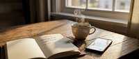 Steaming coffee cup, open notebook, and smartphone on rustic wooden table by sunlit window, cozy morning routine concept.