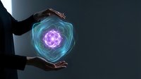 Businessman hands protecting glowing energy sphere with sacred geometry pattern for spiritual wellness and meditation concepts.