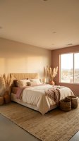 Warm minimalist bedroom interior with natural textures, pampas grass decor, woven headboard and earth tone color palette for modern home design.